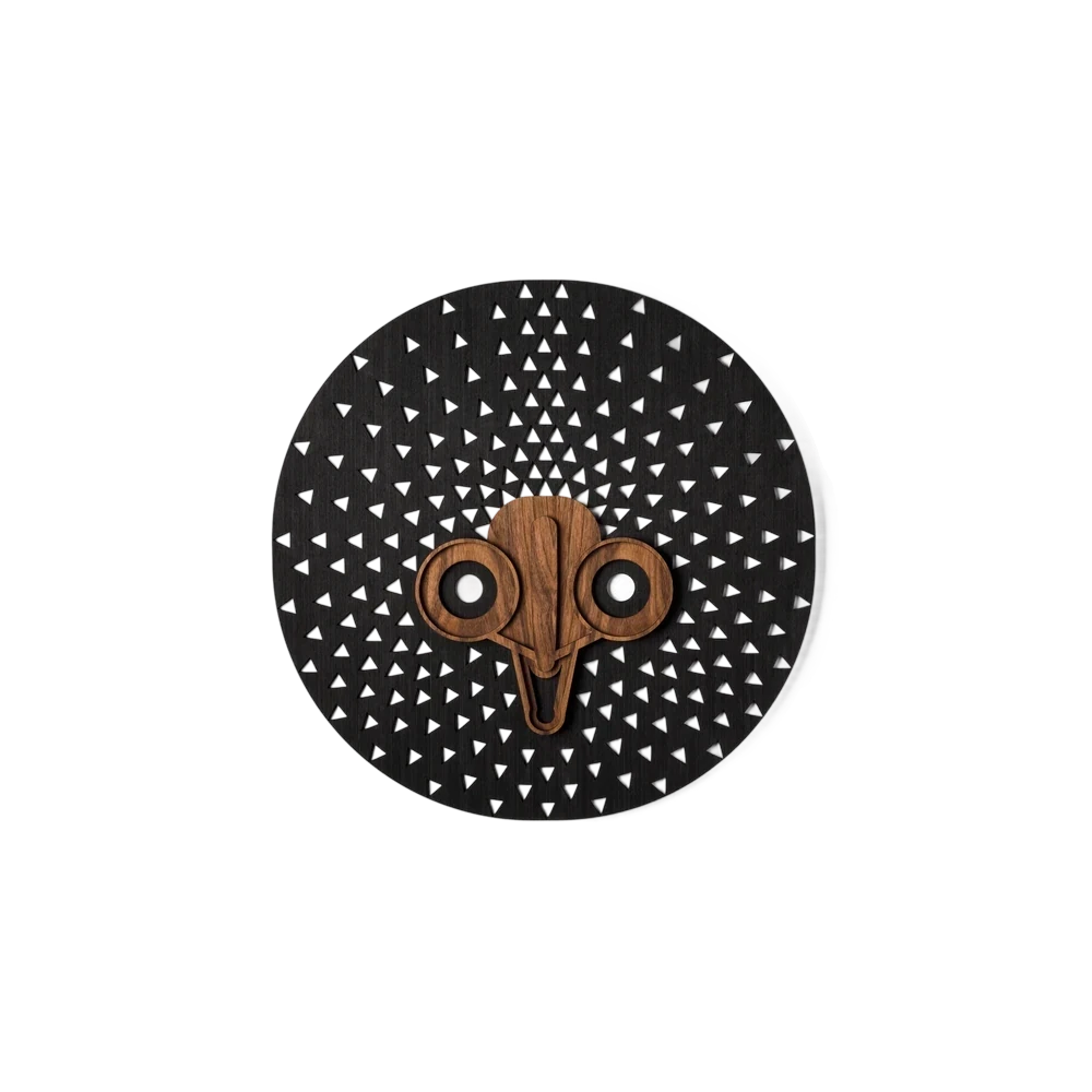 Umasqu Modern African Mask #10 - handmade 3D wall sculpture, black perforated disc with natural wood face in layered construction