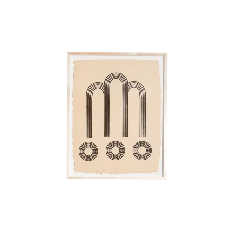 Block Shop Textiles Arches Woodblock Print -- framed woodblock print, black Art Deco geometry on tawny cotton rag paper