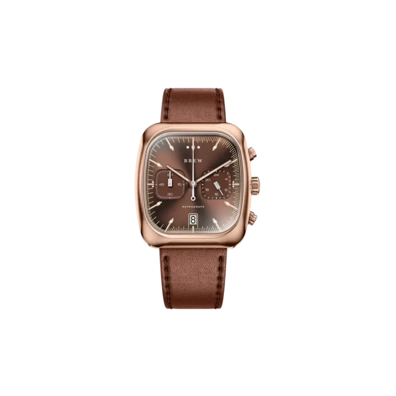 Brew Watch Co Retrograph Espresso, rose gold PVD chronograph with chocolate espresso sunburst dial and brown leather strap