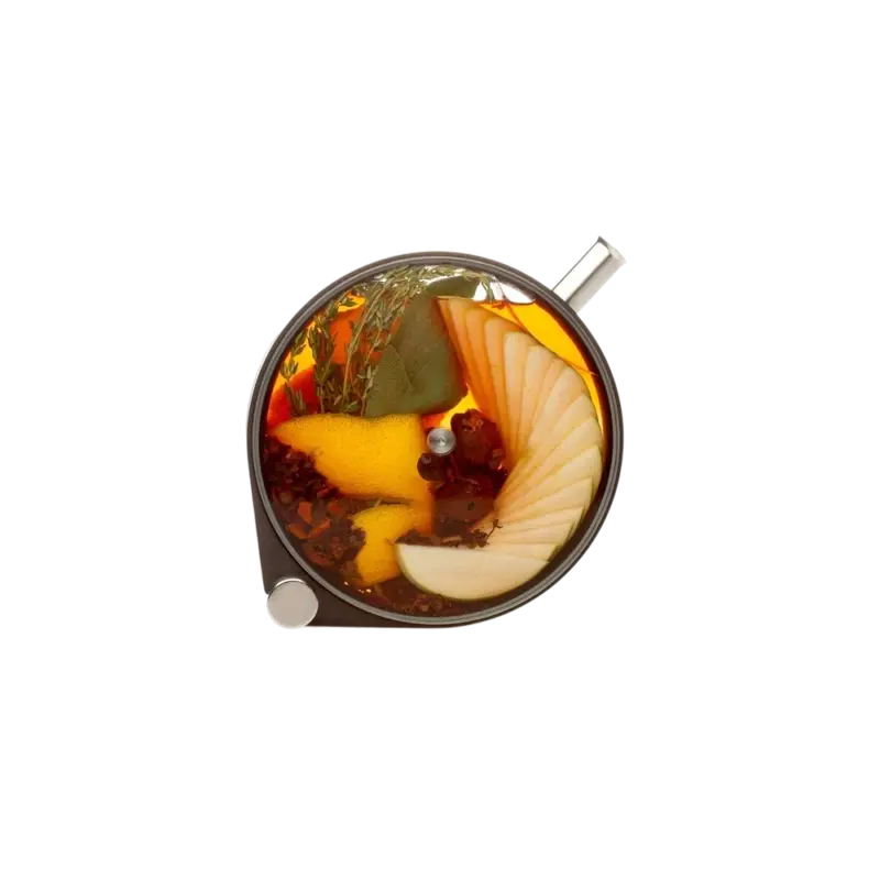 Crucial Detail Porthole Infuser — tempered glass cocktail infusion vessel filled with citrus, apple, herbs, and spices in amber liquid