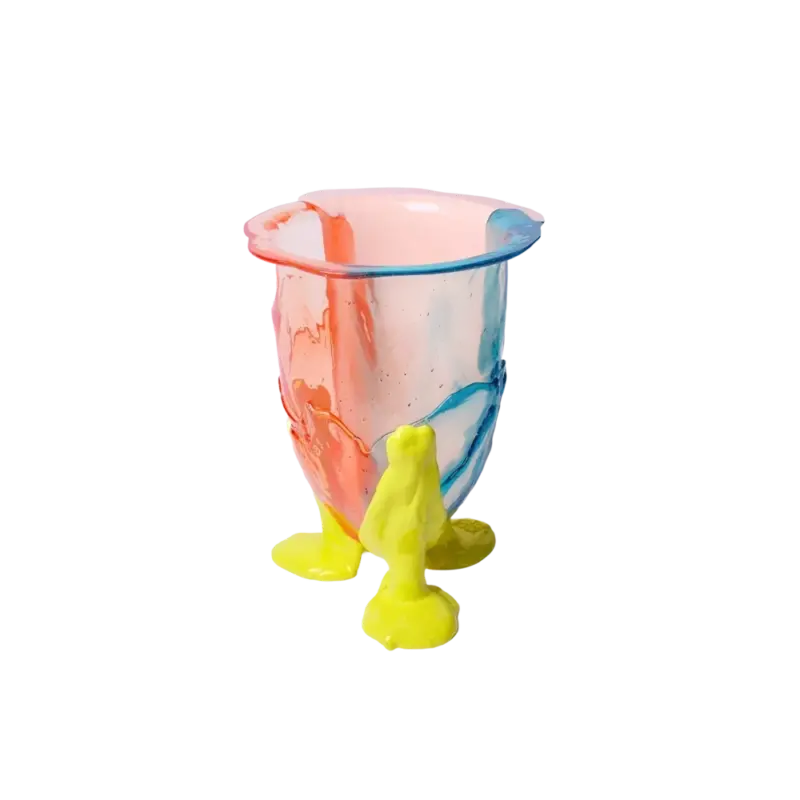 Fish Design Amazonia Vase Extracolour — hand-poured resin vase, translucent coral and blue body with chartreuse legs