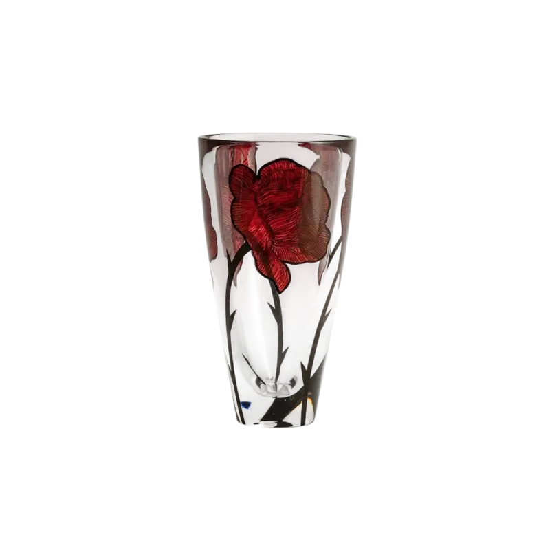 Kosta Boda Tattoo Vase — hand-painted crystal vase, red tattoo-style roses with black stems on clear glass