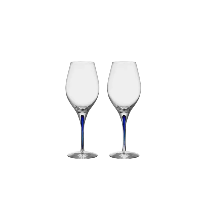 Orrefors Intermezzo Blue Balance — set of two mouthblown crystal wine glasses with cobalt blue teardrop sealed inside each stem
