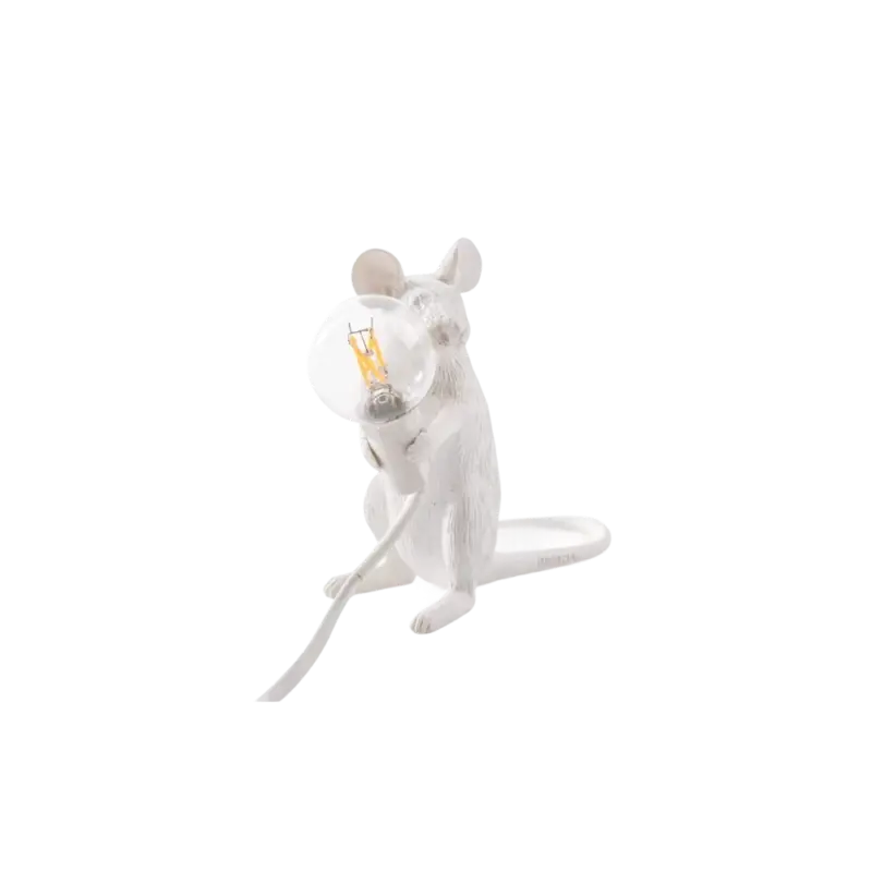Seletti Mouse Lamp Mac Sitting – white resin sculpture-lamp, mouse sitting upright clutching Edison-style LED bulb