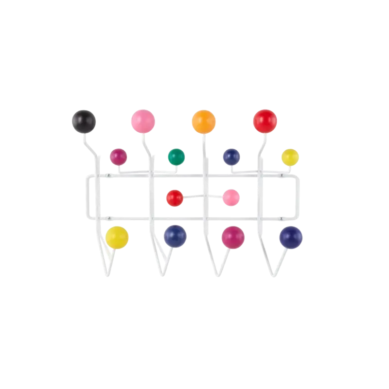 Vitra Eames Hang It All Multicolor — wall-mounted coat rack with 14 lacquered beech spheres in bold colors on white welded wire frame