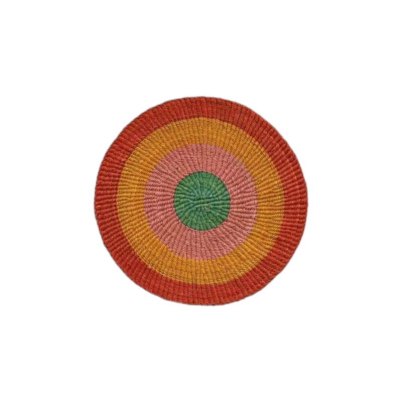 Baba Tree Jemima 10 Cows Decor Basket — handwoven elephant grass basket, concentric circles of red, orange, pink, and green