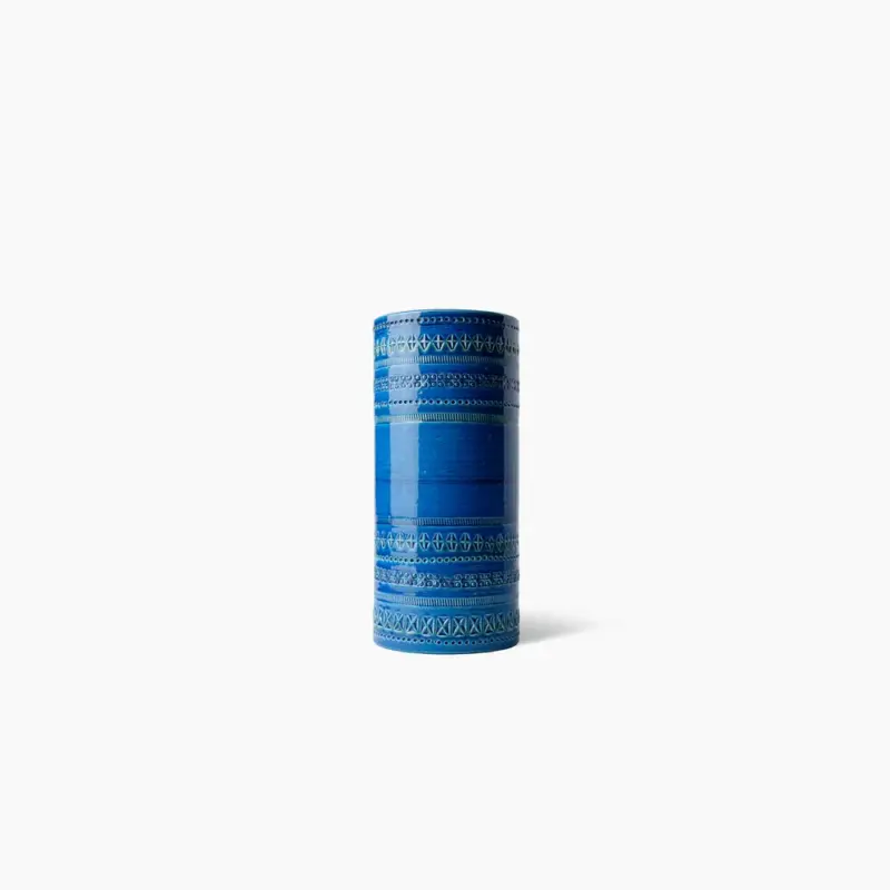 Bitossi Ceramiche Rimini Blu Cylindrical Vase - hand-engraved ceramic vase, cobalt crystalline glaze with geometric patterns