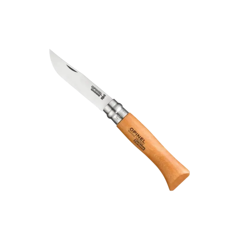 Opinel No. 8 Carbon Steel Folding Knife, open blade with beechwood handle and Virobloc locking ring