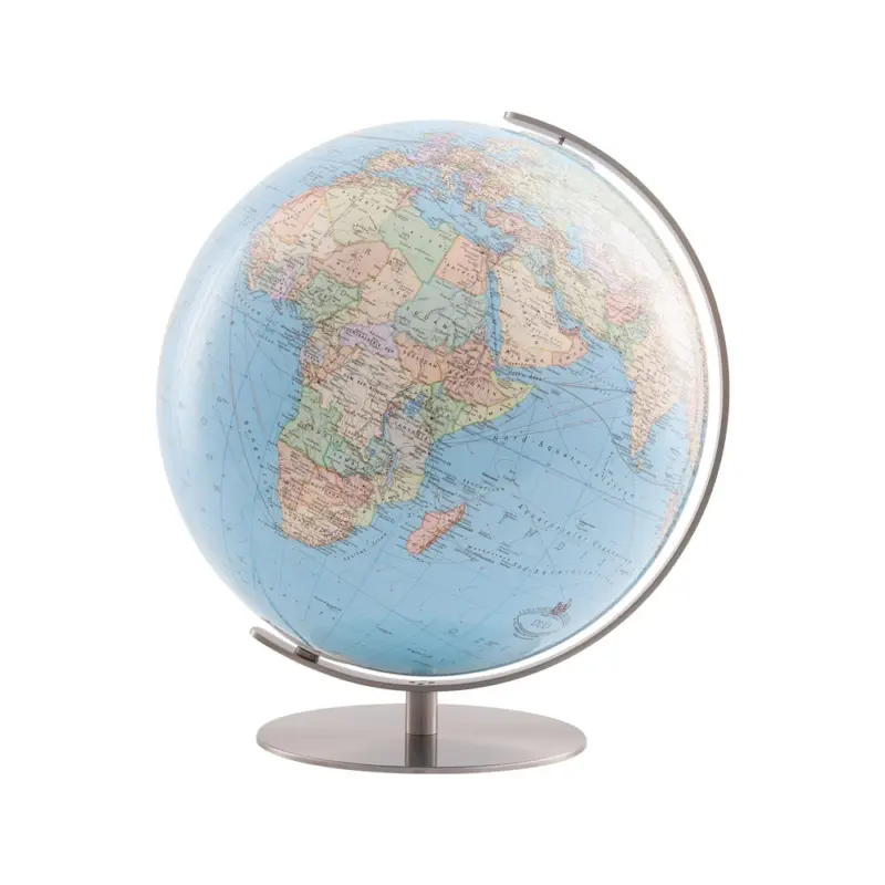 Columbus DUO Regent crystal glass globe on a brushed stainless steel mount, unlit, its political map on a pale blue ocean