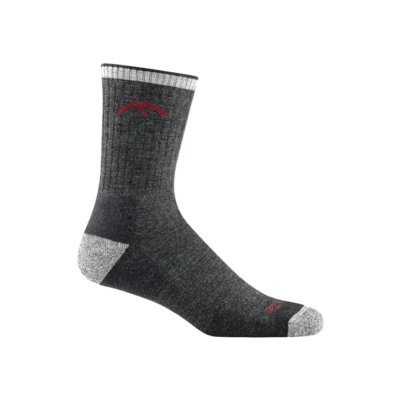 Darn Tough Vermont Hiker Midweight Micro Crew sock in charcoal merino wool with light gray heel, toe, and cuff, red mountain logo