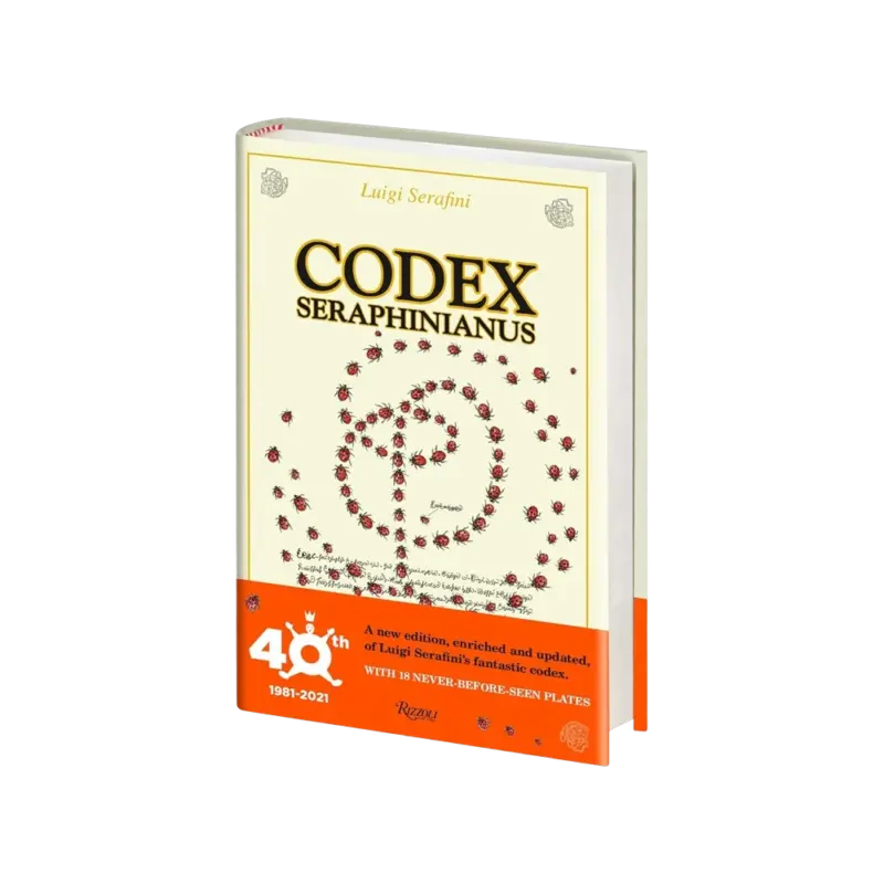 Codex Seraphinianus 40th Anniversary Edition by Luigi Serafini, a hardcover with a spiral of red ladybugs and an orange band
