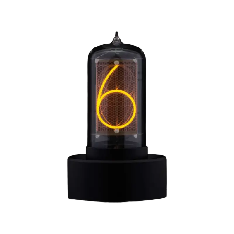 Dalibor Farny Blub Black Nixie clock, a glass tube glowing an orange numeral 6 in a honeycomb mesh, on a round black base